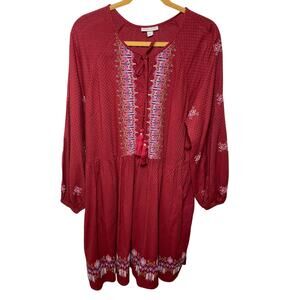 Knox Rose Embroided Brick Red Boho Long Sleeve Bodice Sz XL Knee Length Dress